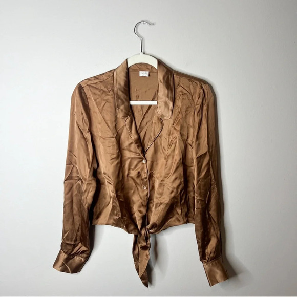 Aritzia Wilfred Brown Satin Button Tie Blouse - Picture 3 of 8